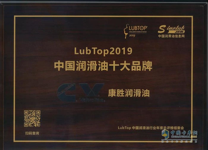 康勝一舉摘得 “LubTop2019中國潤滑油十大品牌”獎項