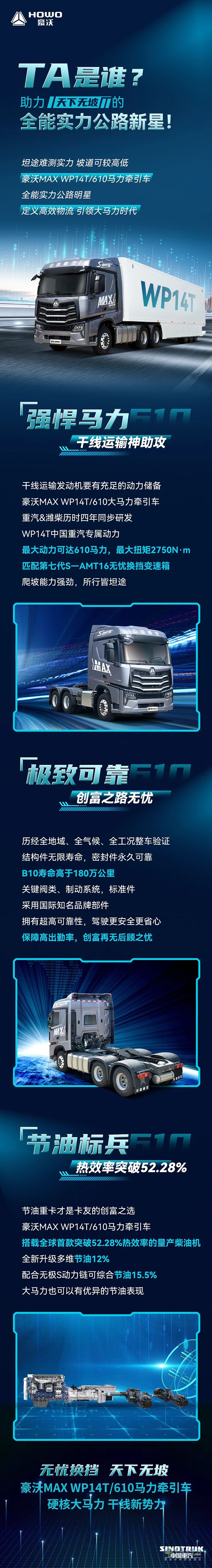 豪沃MAX WP14T 610馬力牽引車，助力“天下無坡”的全能實力公路新星！