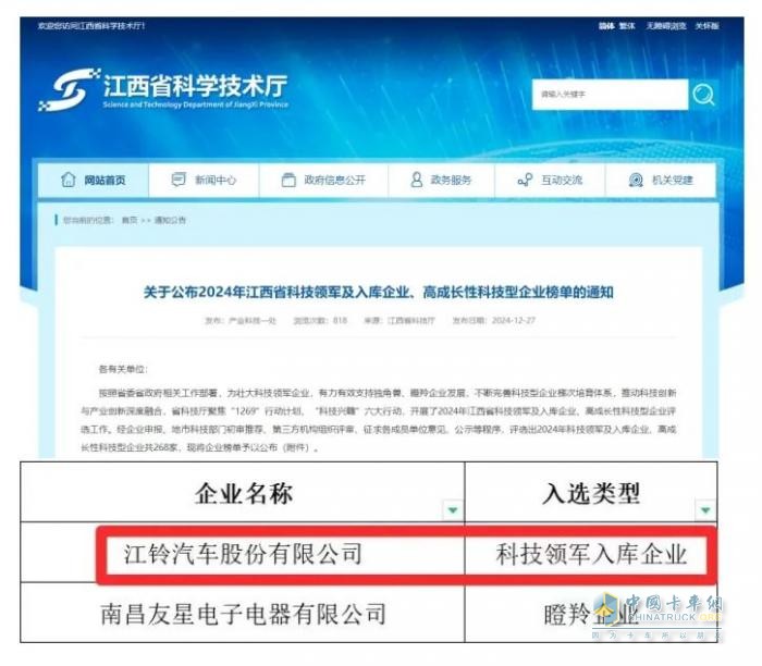 江鈴股份上榜江西省科技領(lǐng)軍入庫(kù)企業(yè)